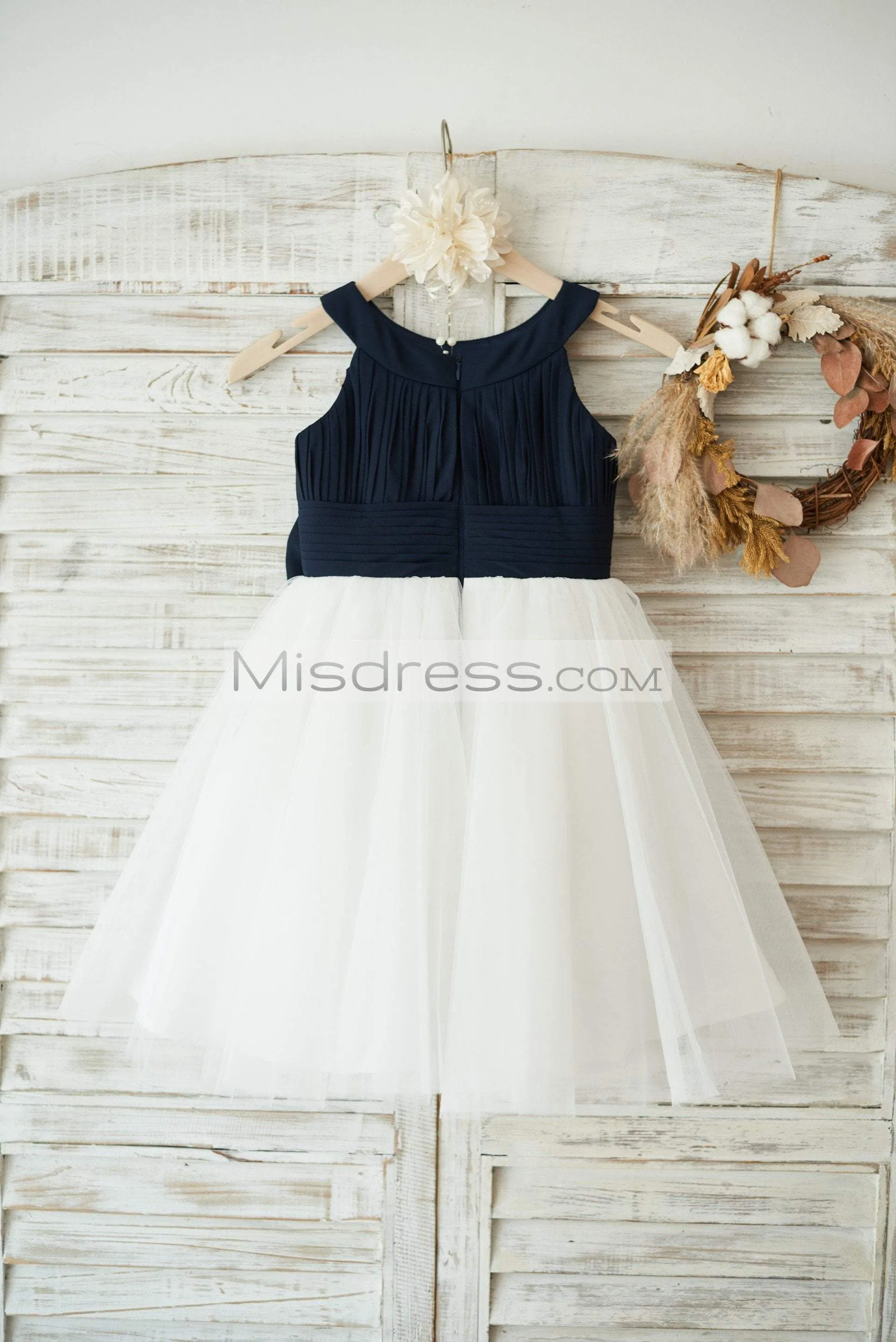 Navy Blue Chiffon Ivory Tulle Halter Neck Wedding Flower Girl Dress, Bow