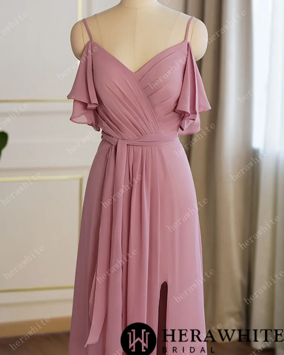 Off Shoulder Chiffon Long Bridesmaid Dress Pleated With Split