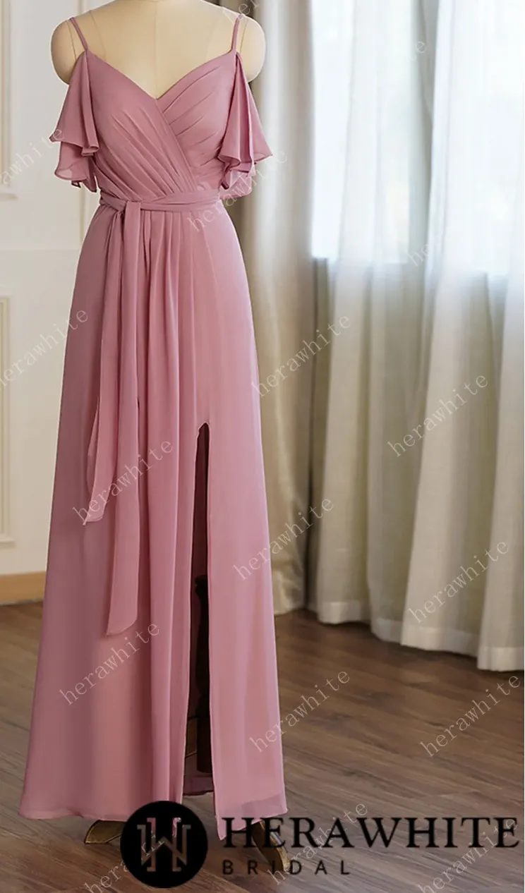 Off Shoulder Chiffon Long Bridesmaid Dress Pleated With Split