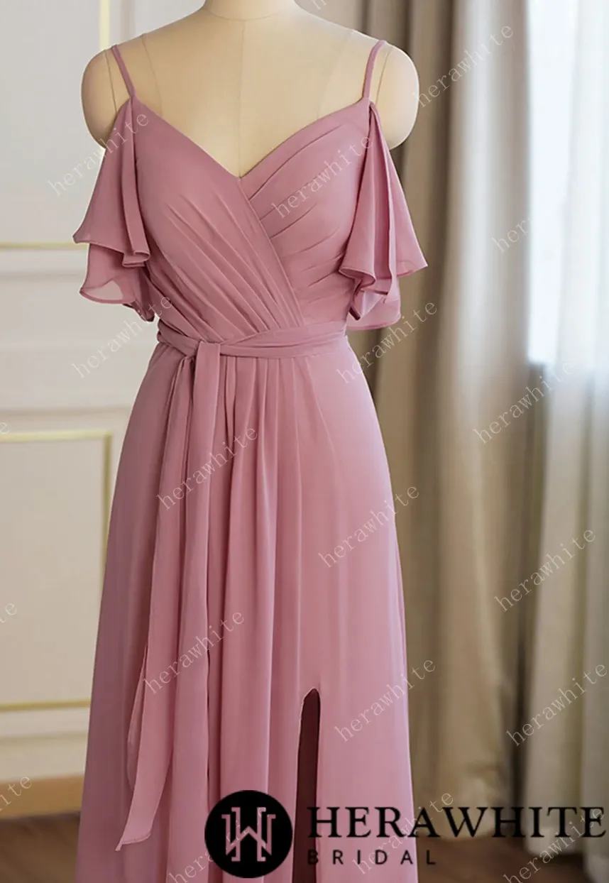 Off Shoulder Chiffon Long Bridesmaid Dress Pleated With Split