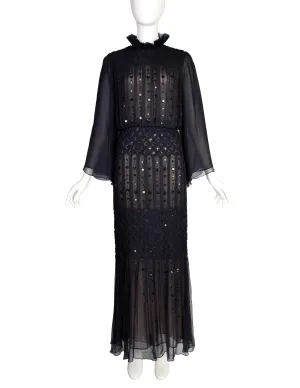 Oscar de la Renta Vintage AW 2006 Black Sheer Silk Chiffon Smocked Pleated Beaded Sequin Dress