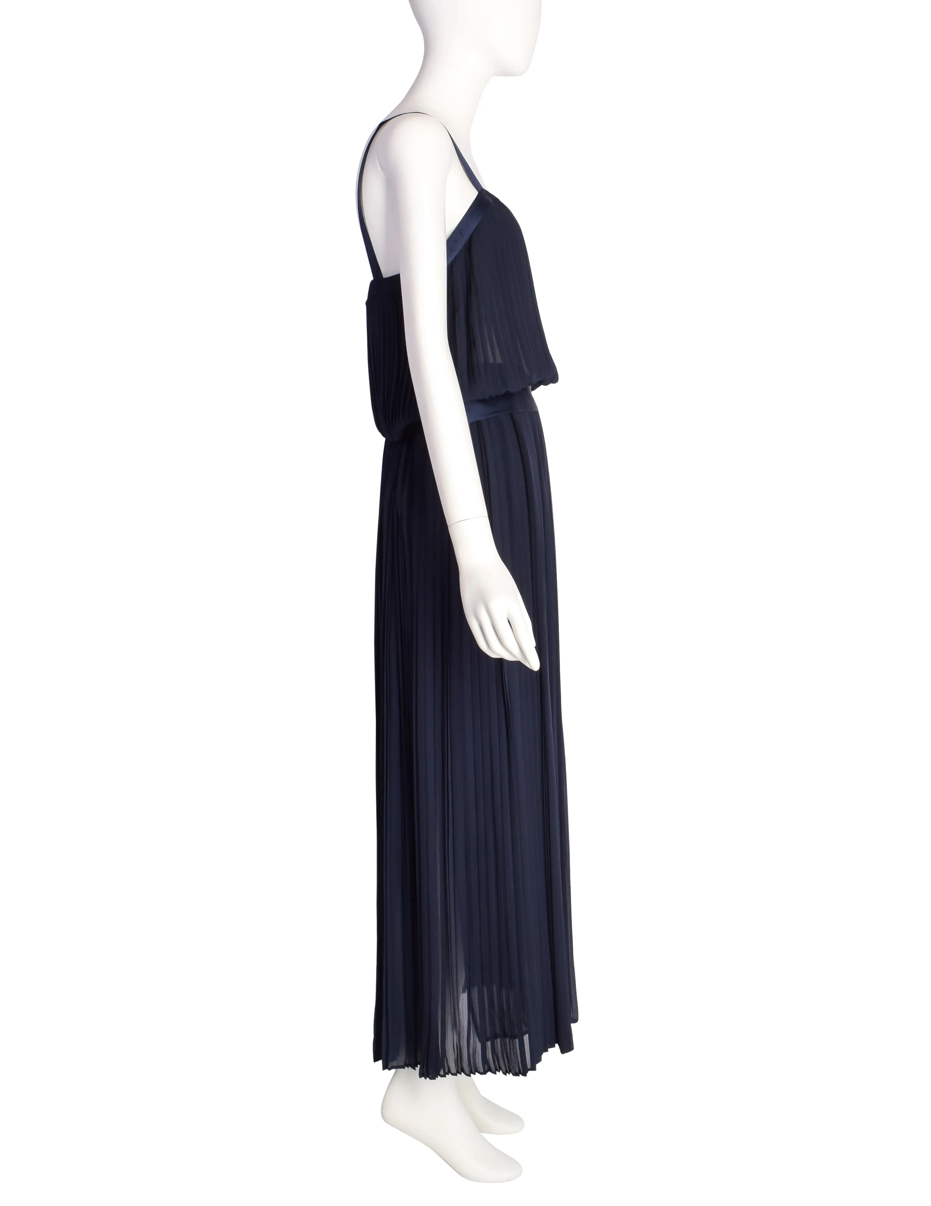 Per Spook Vintage Navy Blue Pleated Silk Chiffon Two Piece Ensemble