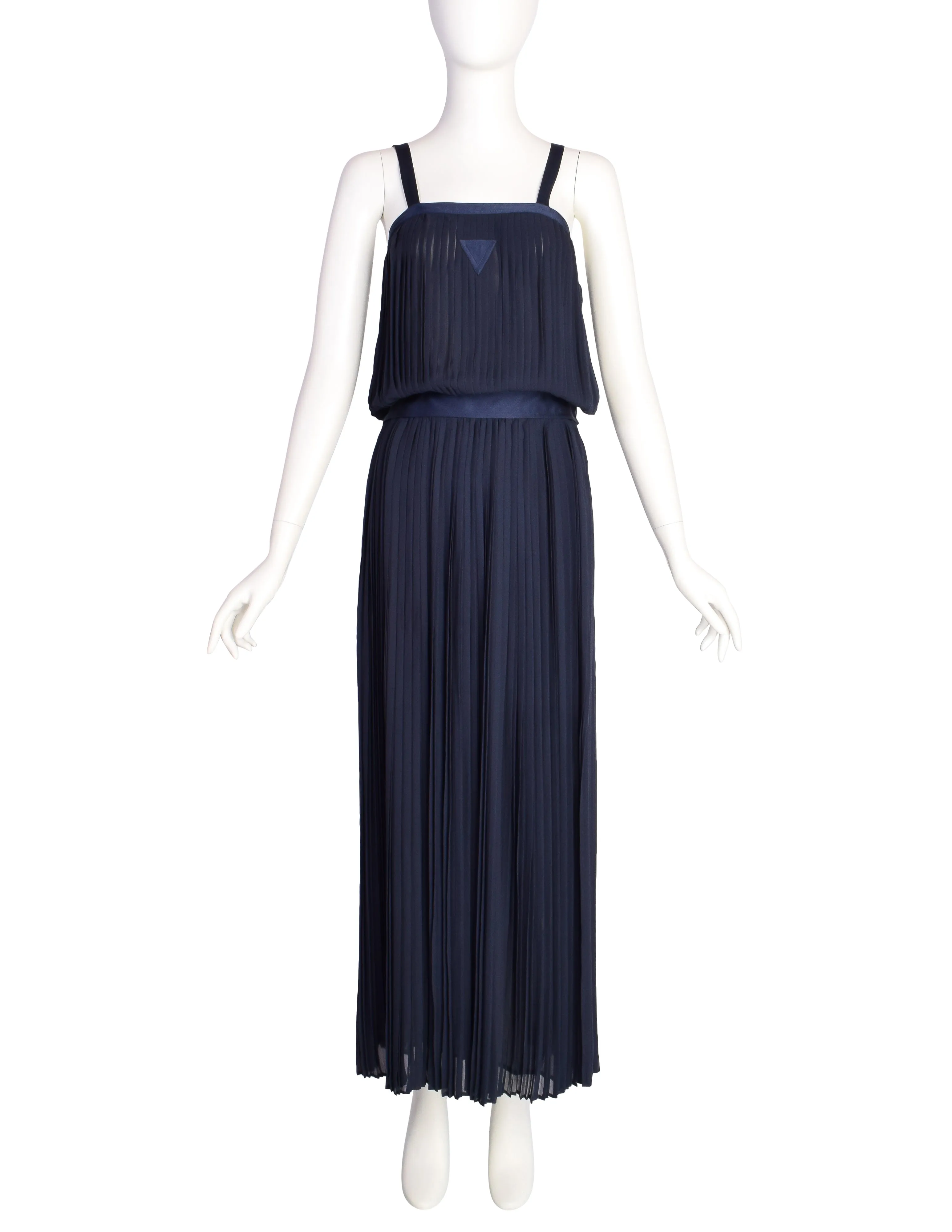 Per Spook Vintage Navy Blue Pleated Silk Chiffon Two Piece Ensemble