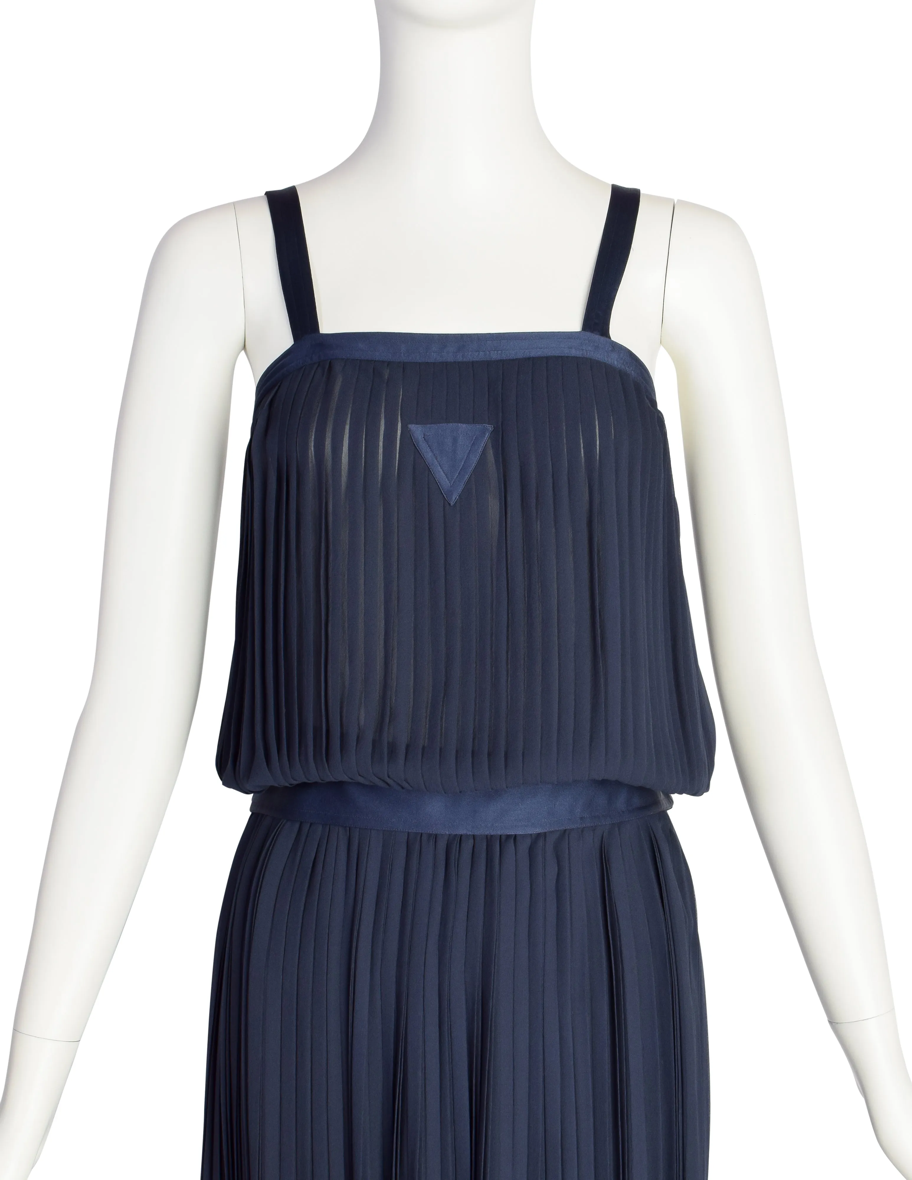 Per Spook Vintage Navy Blue Pleated Silk Chiffon Two Piece Ensemble