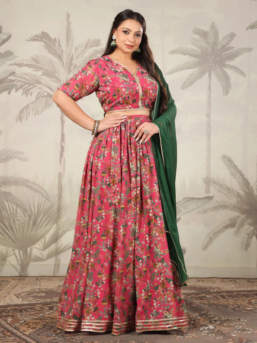 Plus Size Pink Georgette Floral Printed Pleated Lehenga Choli Set