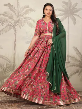 Plus Size Pink Georgette Floral Printed Pleated Lehenga Choli Set