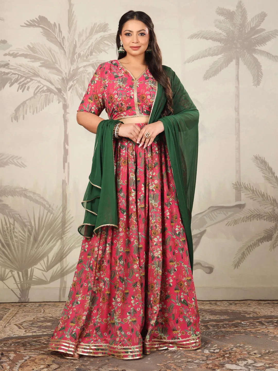 Plus Size Pink Georgette Floral Printed Pleated Lehenga Choli Set