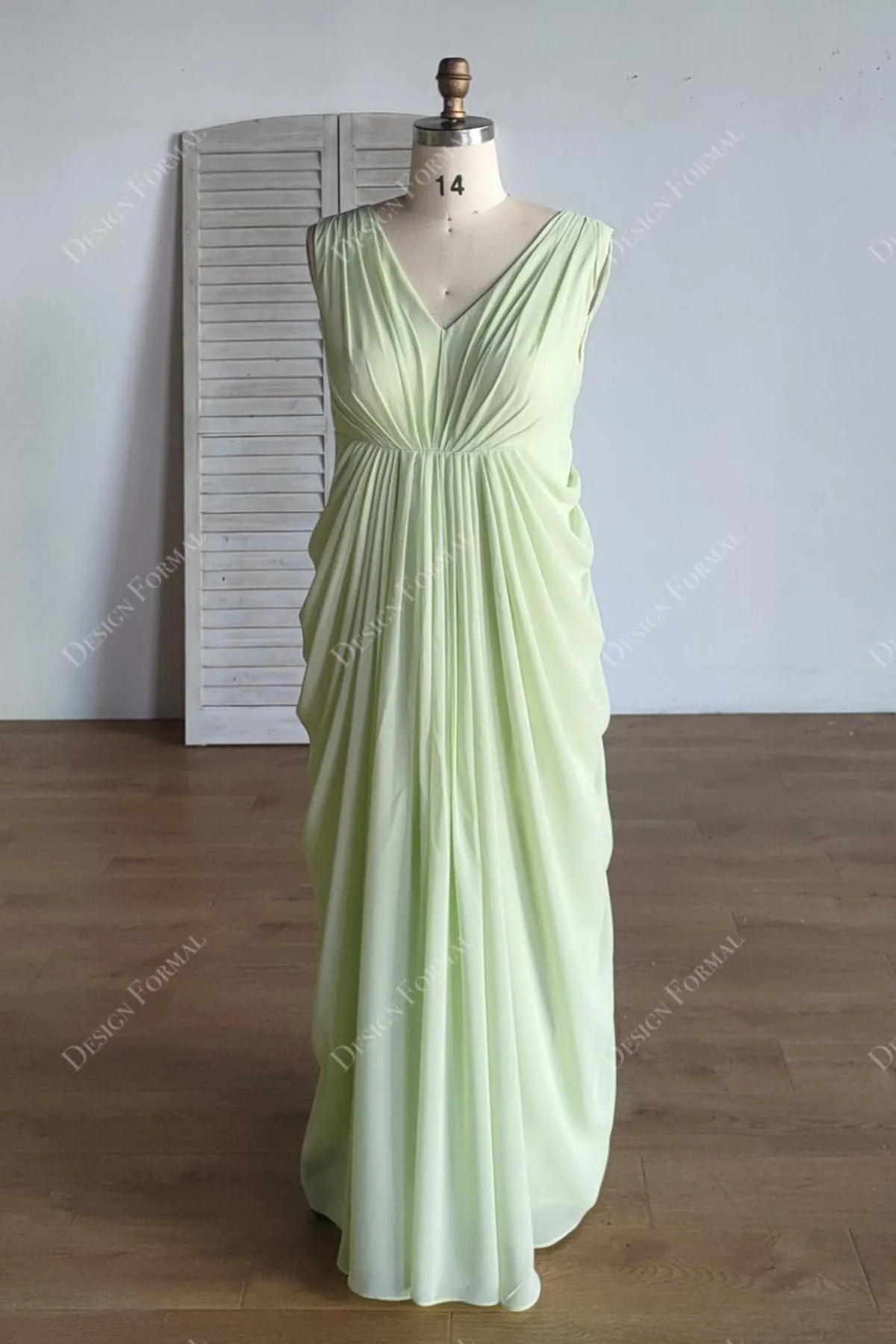 Plus Size Sage Chiffon V-neck Sheath Floor Length Formal Dress