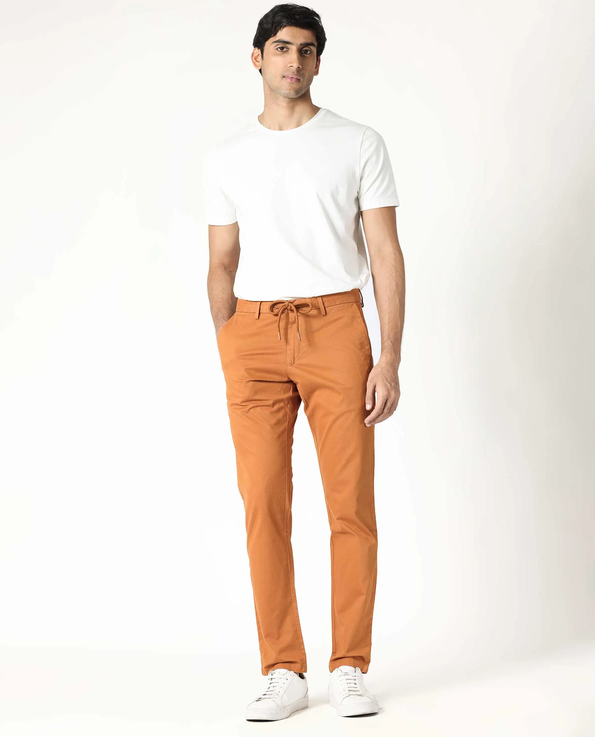 Rare Rabbit Men's Waters Orange Mid-Risewith Drawstring And Elastic Waistband Slim Fit Trouser