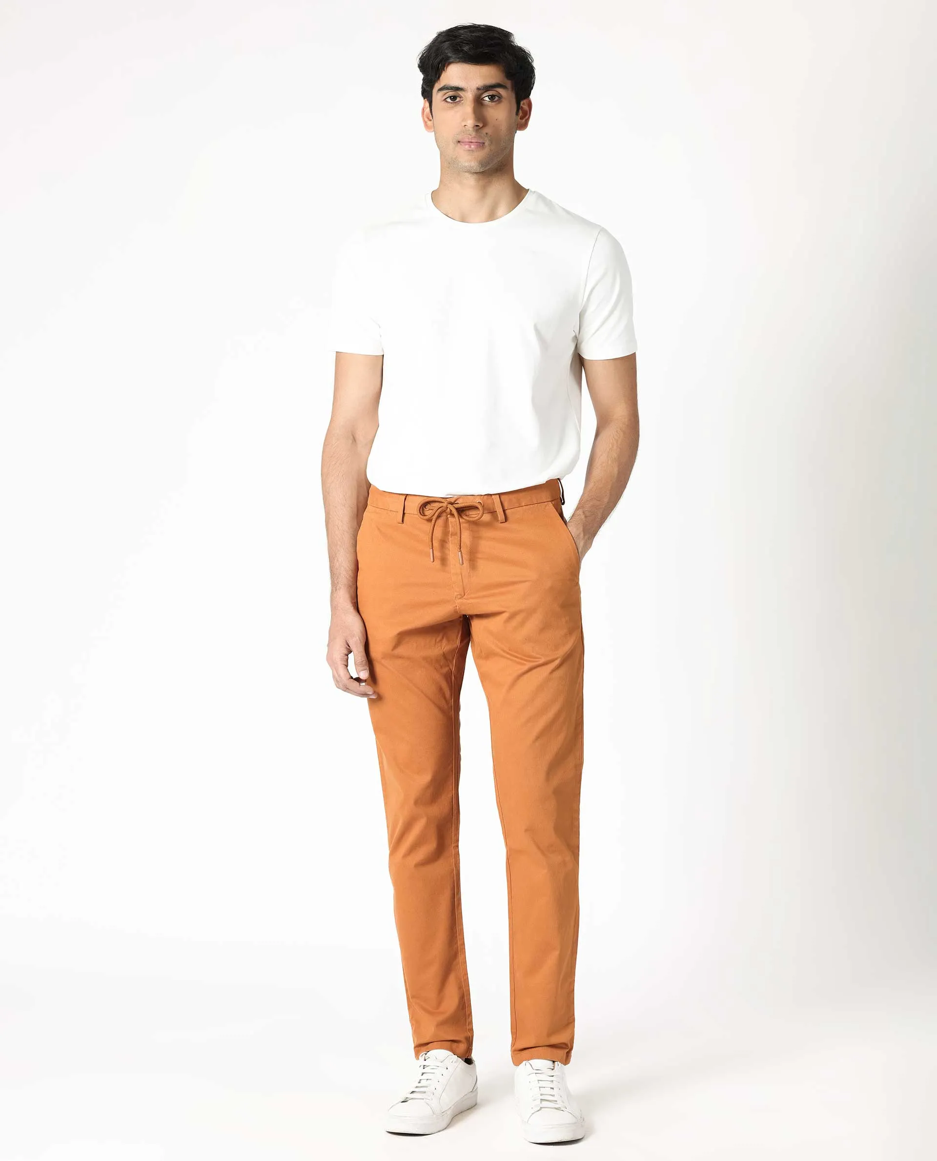 Rare Rabbit Men's Waters Orange Mid-Risewith Drawstring And Elastic Waistband Slim Fit Trouser