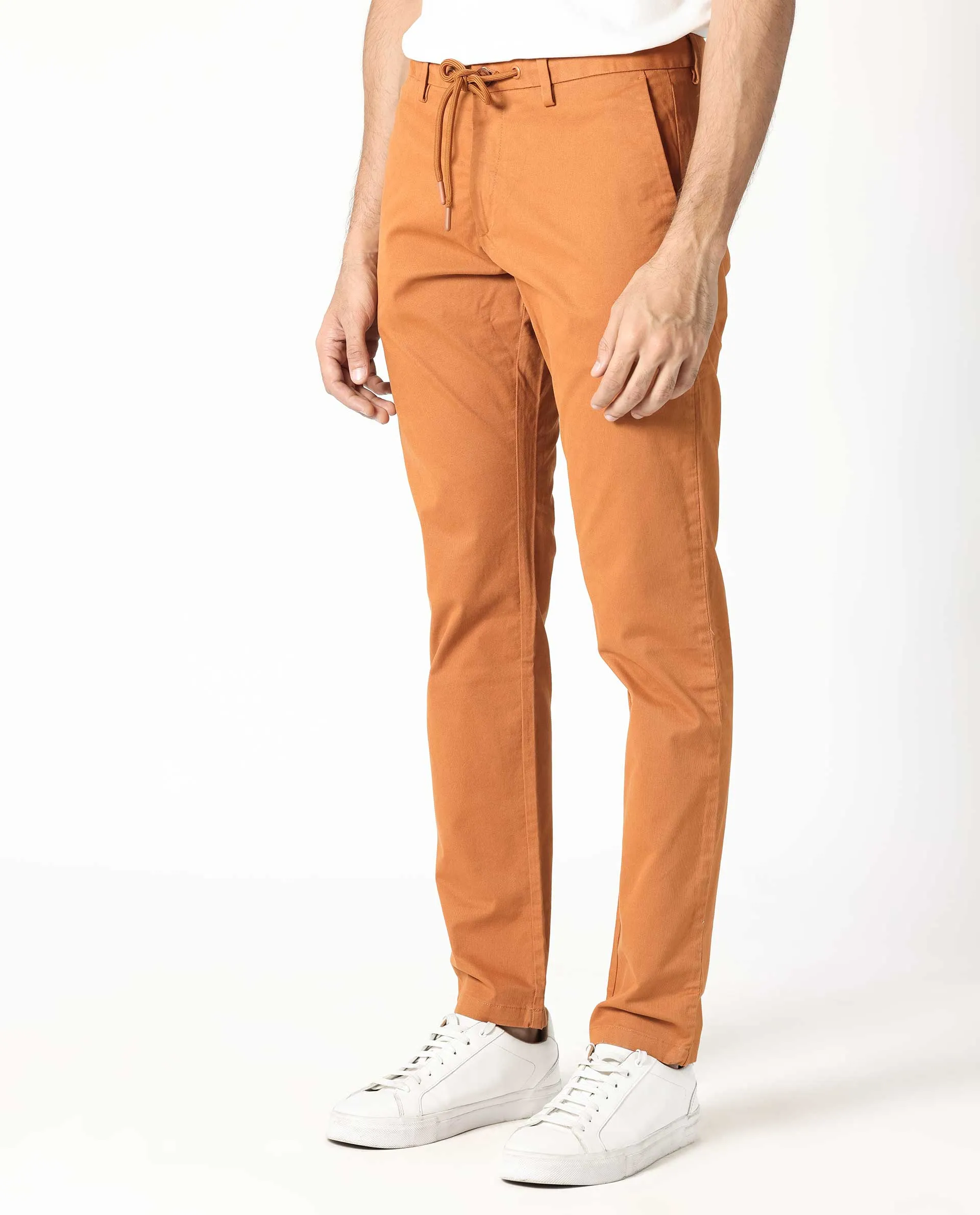 Rare Rabbit Men's Waters Orange Mid-Risewith Drawstring And Elastic Waistband Slim Fit Trouser