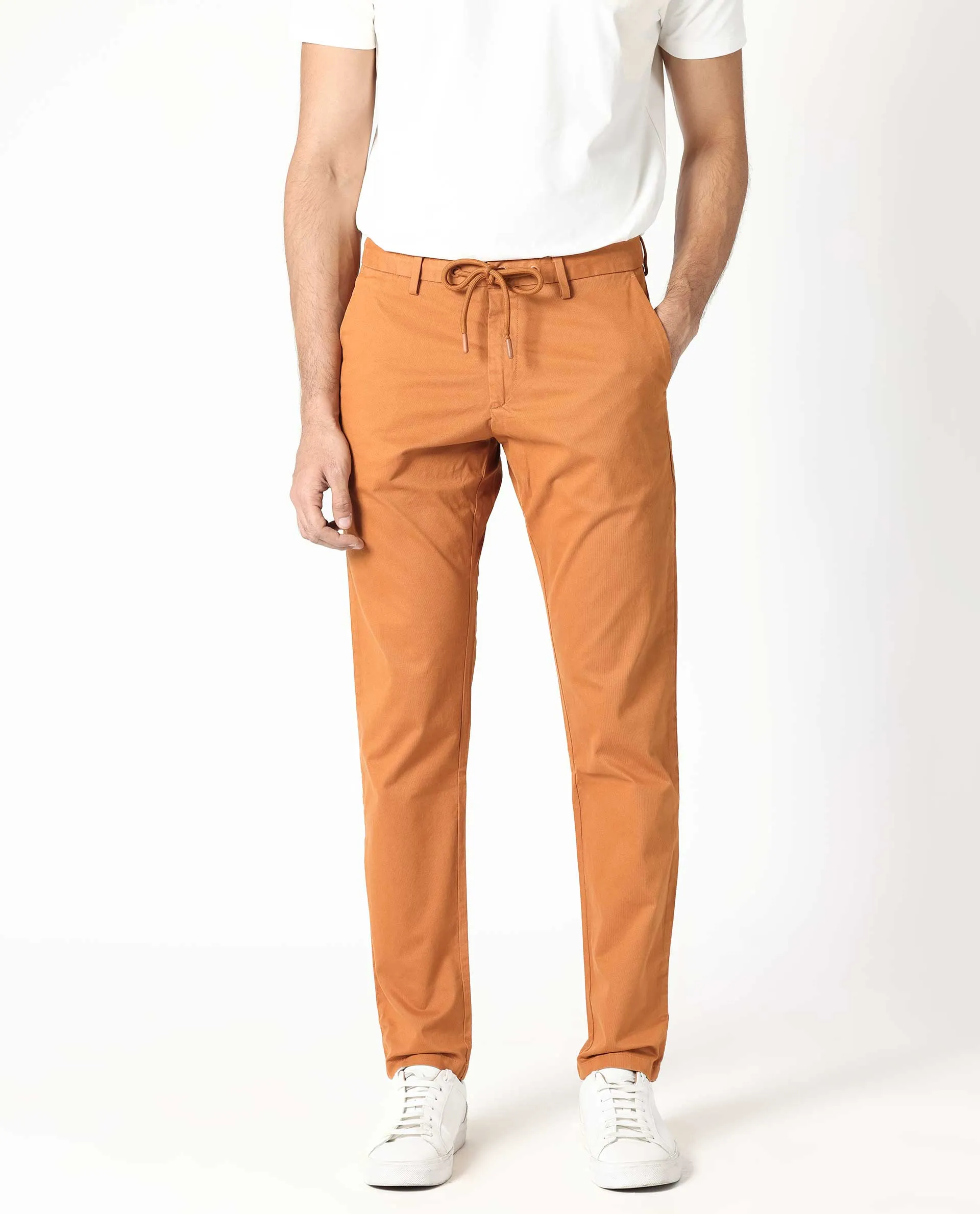 Rare Rabbit Men's Waters Orange Mid-Risewith Drawstring And Elastic Waistband Slim Fit Trouser