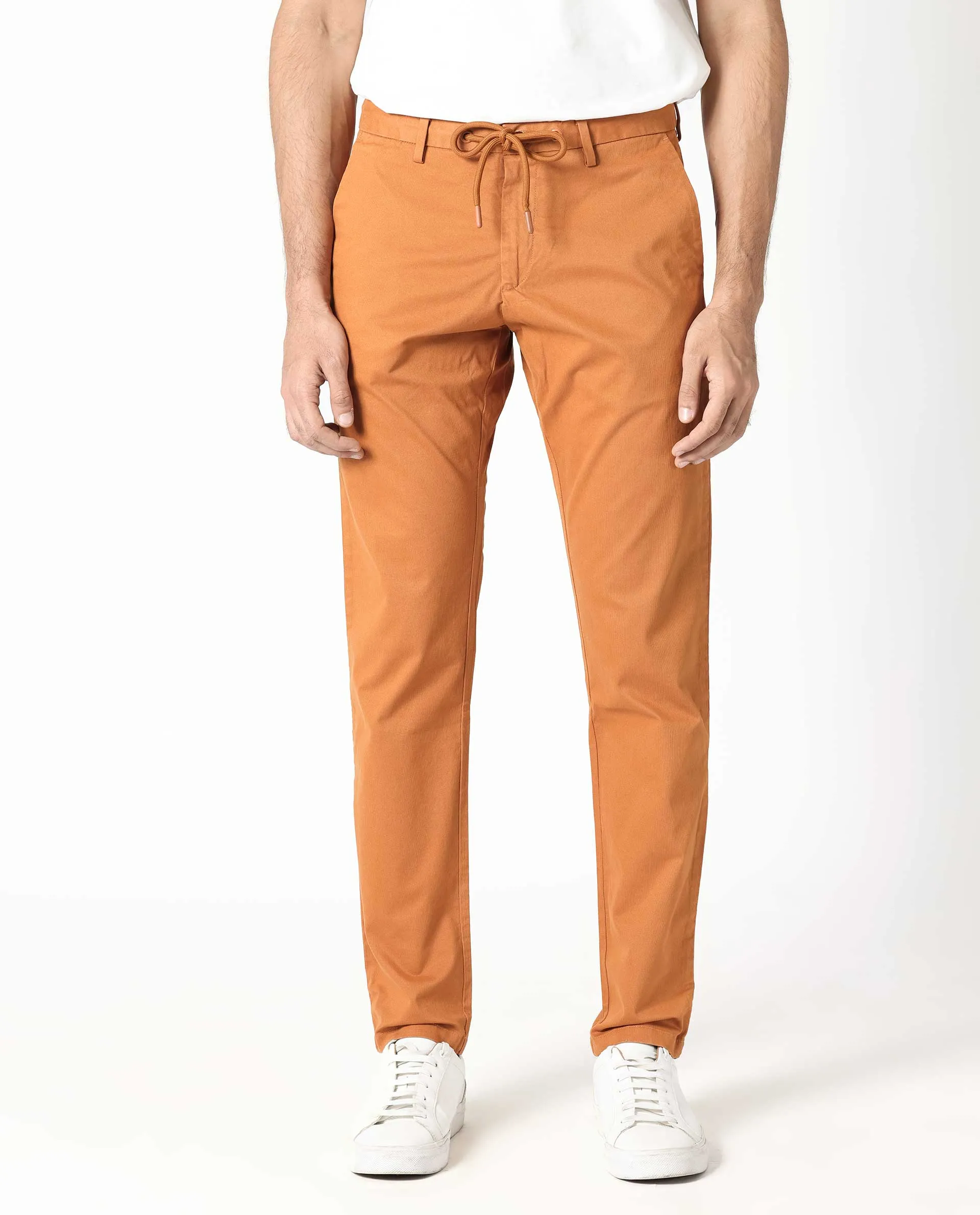 Rare Rabbit Men's Waters Orange Mid-Risewith Drawstring And Elastic Waistband Slim Fit Trouser