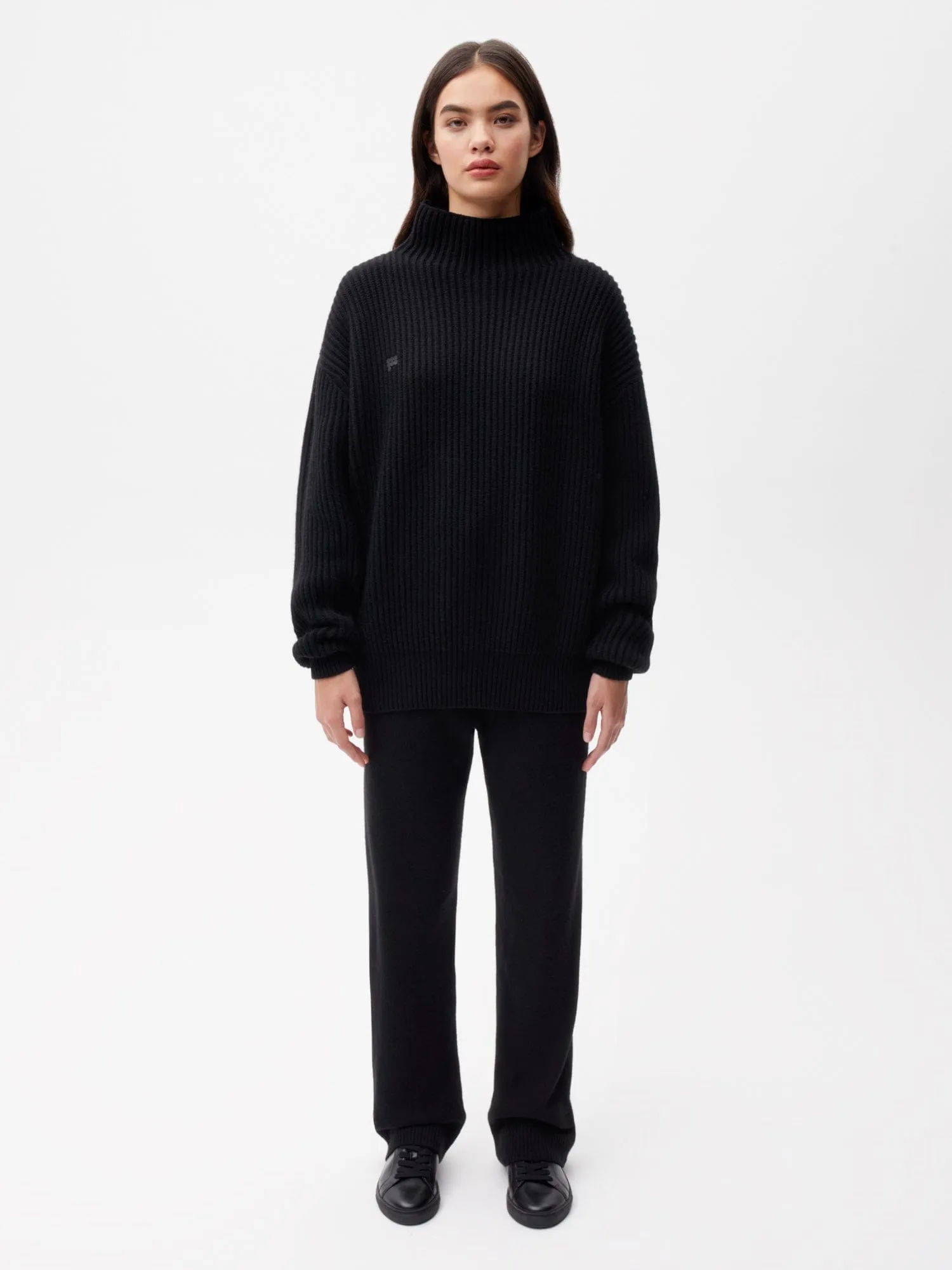 Recycled Cashmere Funnel-Neck Sweater—black