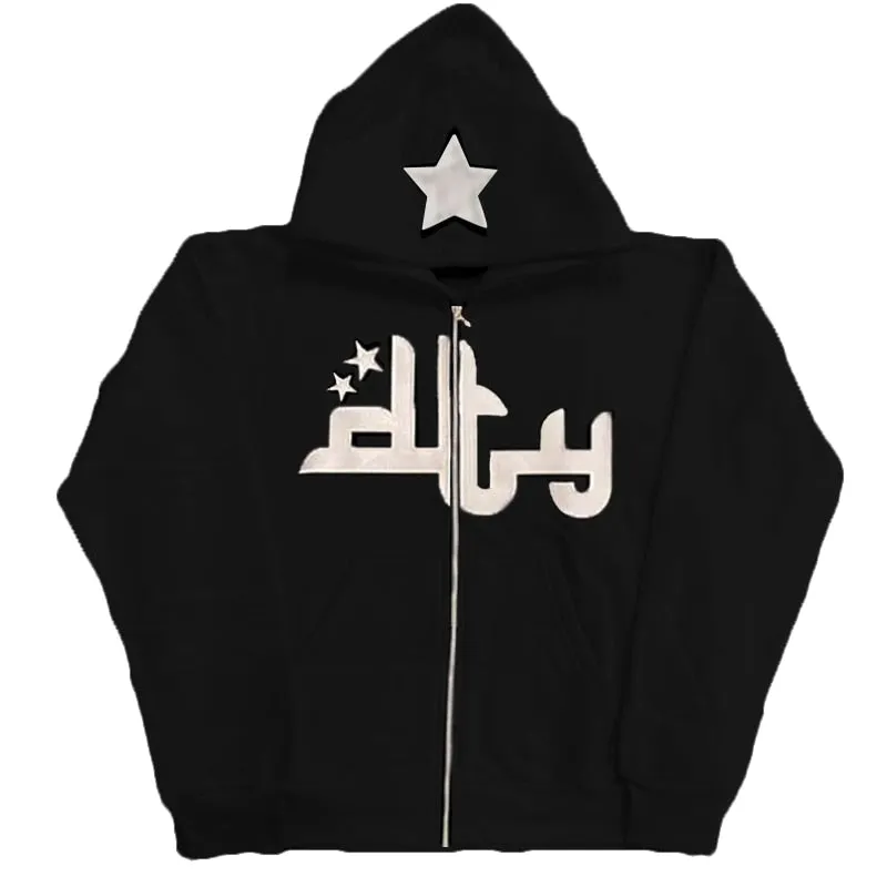 Retro Star Harajuku Oversized Zipper Hoodie for Women