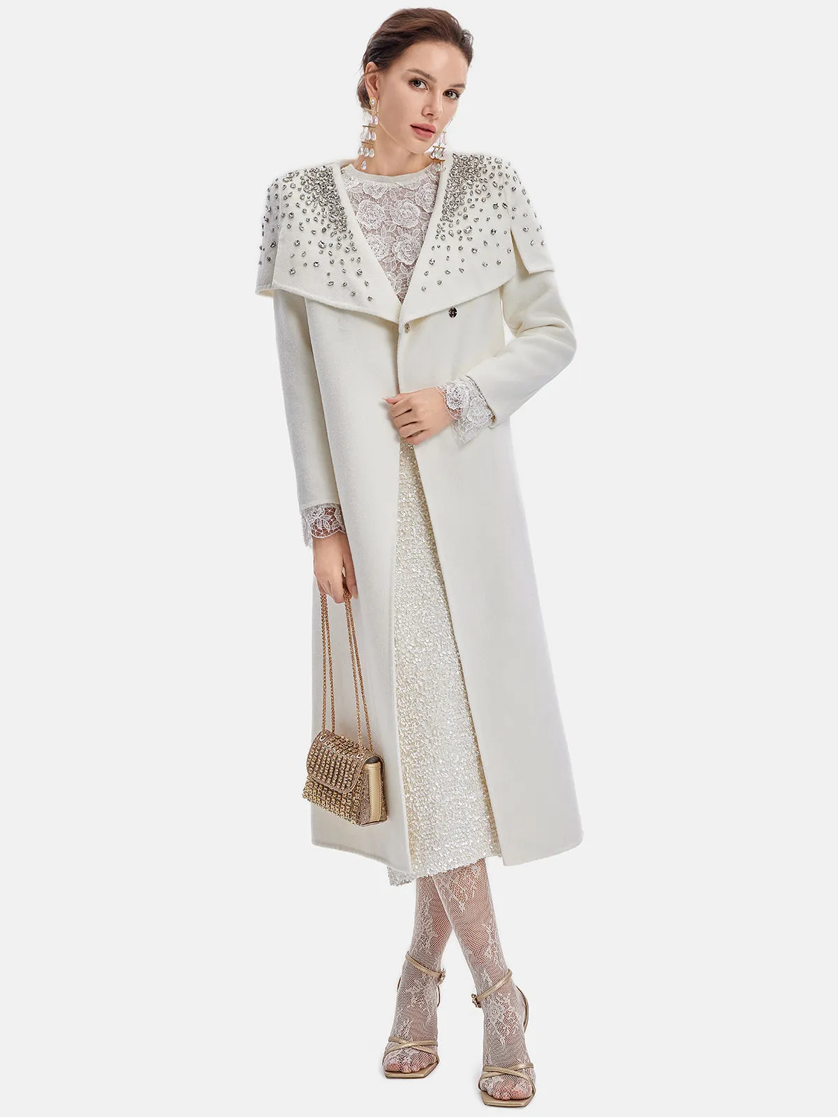 Rhinestone-Embellished Oversized Lapel Coat