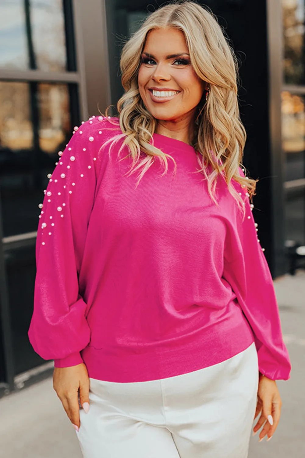 Rose Pink Pearled Raglan Sleeve Plus Size Sweater