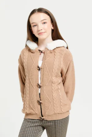 Senior Girls Beige Tussle Front Hooded With Fur On Hood And Sherpa Lining