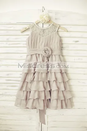 Sheer Lace Gray Chiffon Tiered Knee Length Flower Girl Dress