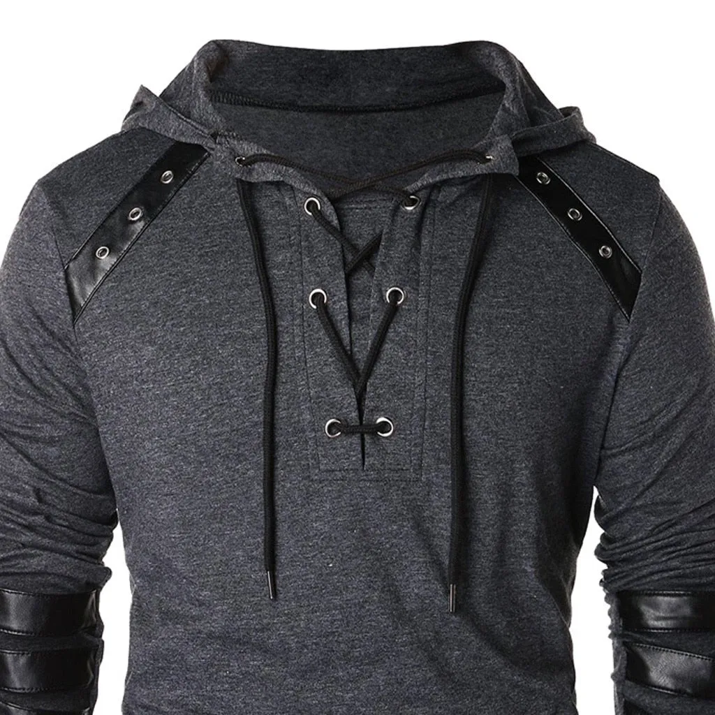 Solid Colour Drawstring with Leather Patchwork Long Sleeve Style Men Pullover Shirt