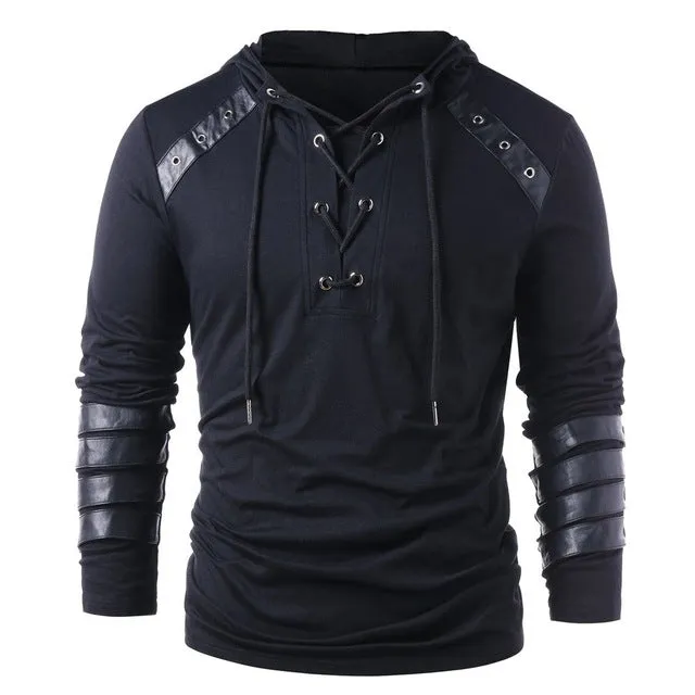 Solid Colour Drawstring with Leather Patchwork Long Sleeve Style Men Pullover Shirt