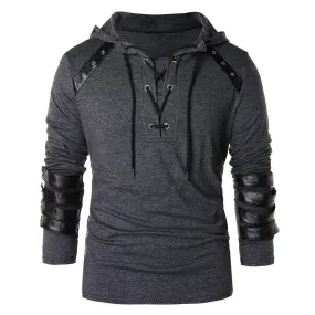 Solid Colour Drawstring with Leather Patchwork Long Sleeve Style Men Pullover Shirt