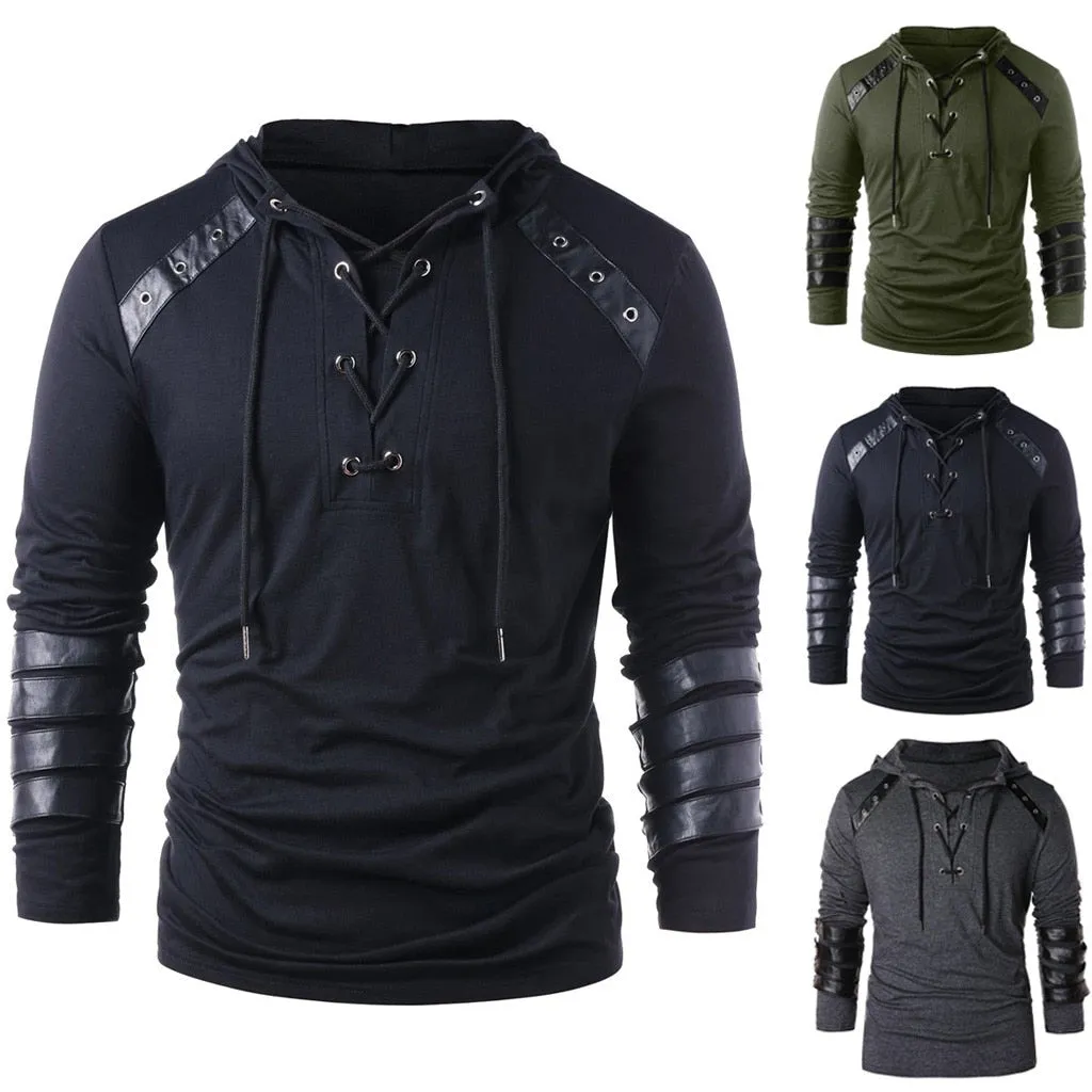 Solid Colour Drawstring with Leather Patchwork Long Sleeve Style Men Pullover Shirt