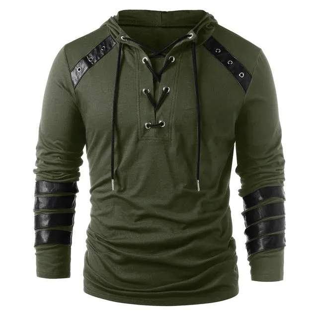 Solid Colour Drawstring with Leather Patchwork Long Sleeve Style Men Pullover Shirt