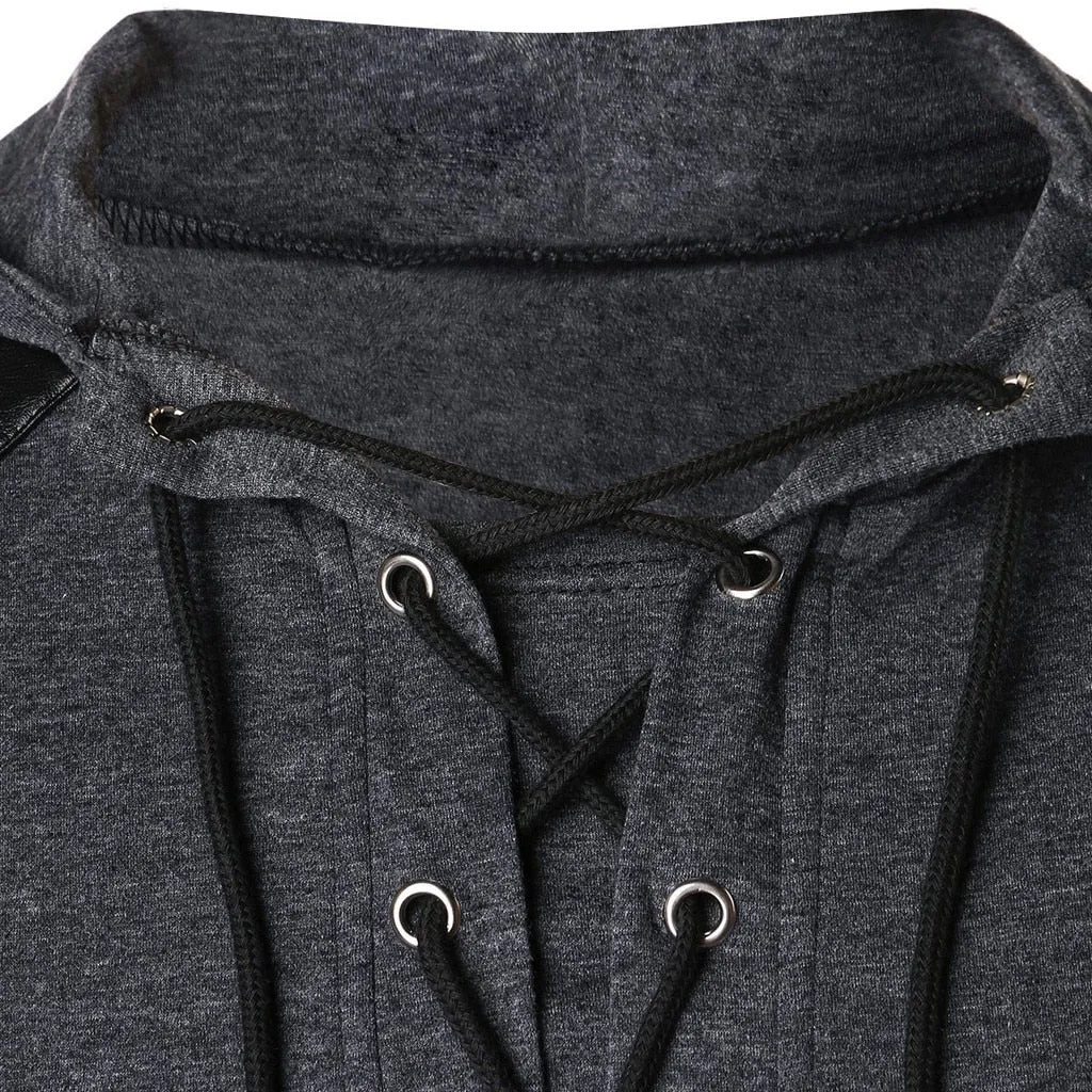 Solid Colour Drawstring with Leather Patchwork Long Sleeve Style Men Pullover Shirt