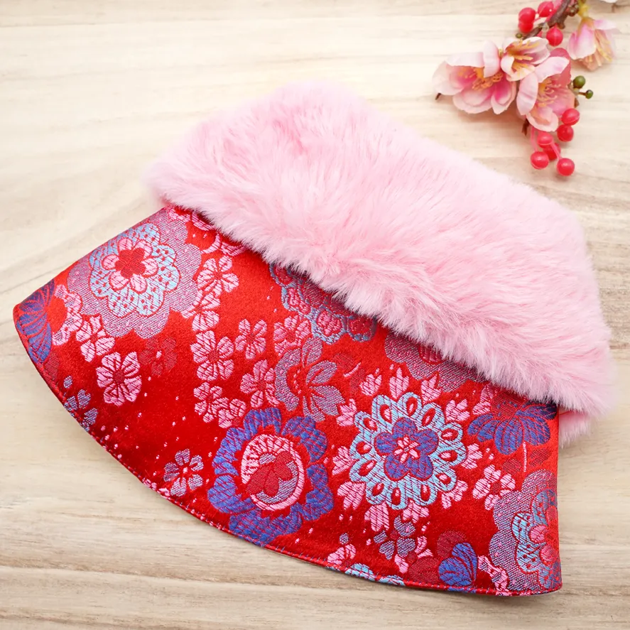 Spring Imperial Crimson Blue Blossom CNY Cape with Rose Pink Fur Collar