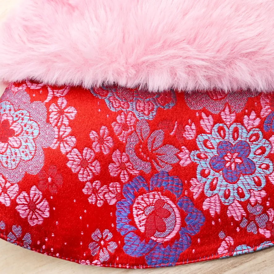 Spring Imperial Crimson Blue Blossom CNY Cape with Rose Pink Fur Collar