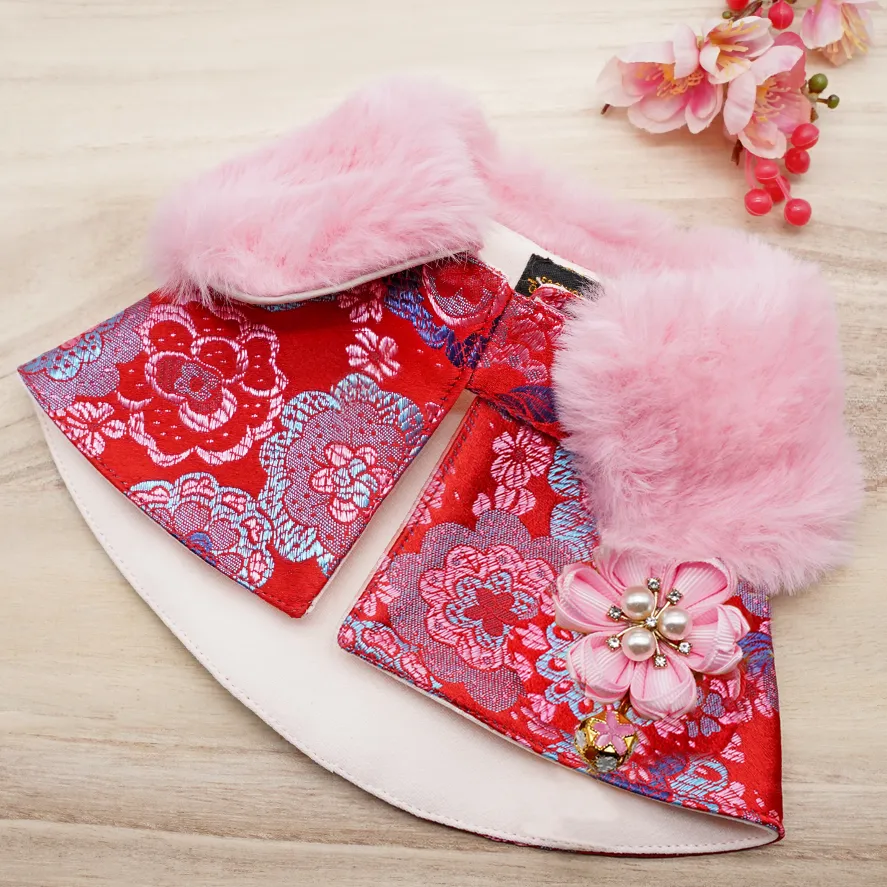 Spring Imperial Crimson Blue Blossom CNY Cape with Rose Pink Fur Collar