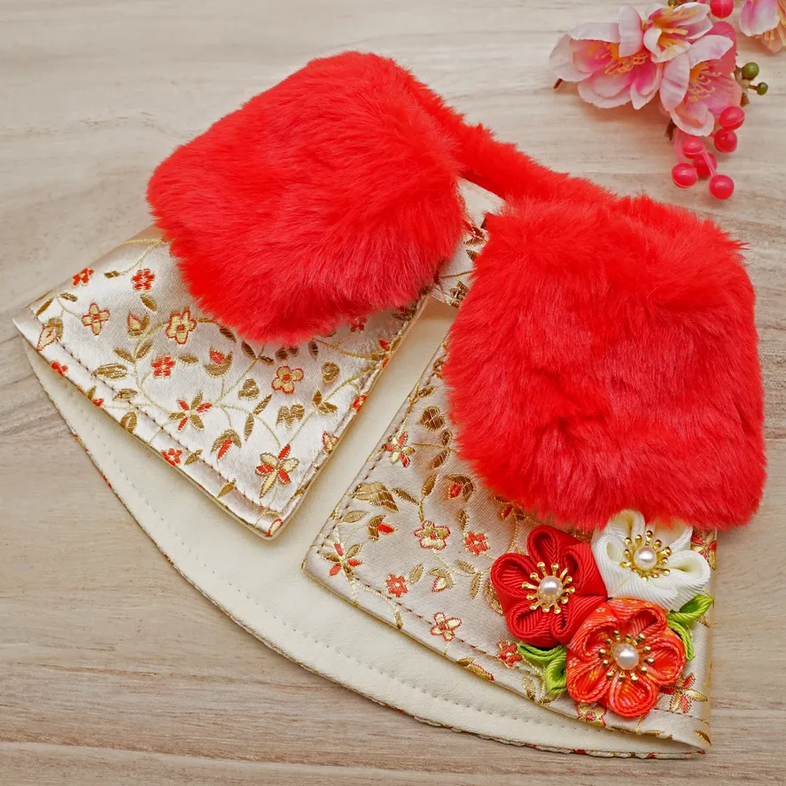 Spring Imperial Golden Mini Floral CNY Cape with Red Faux Fur Collar