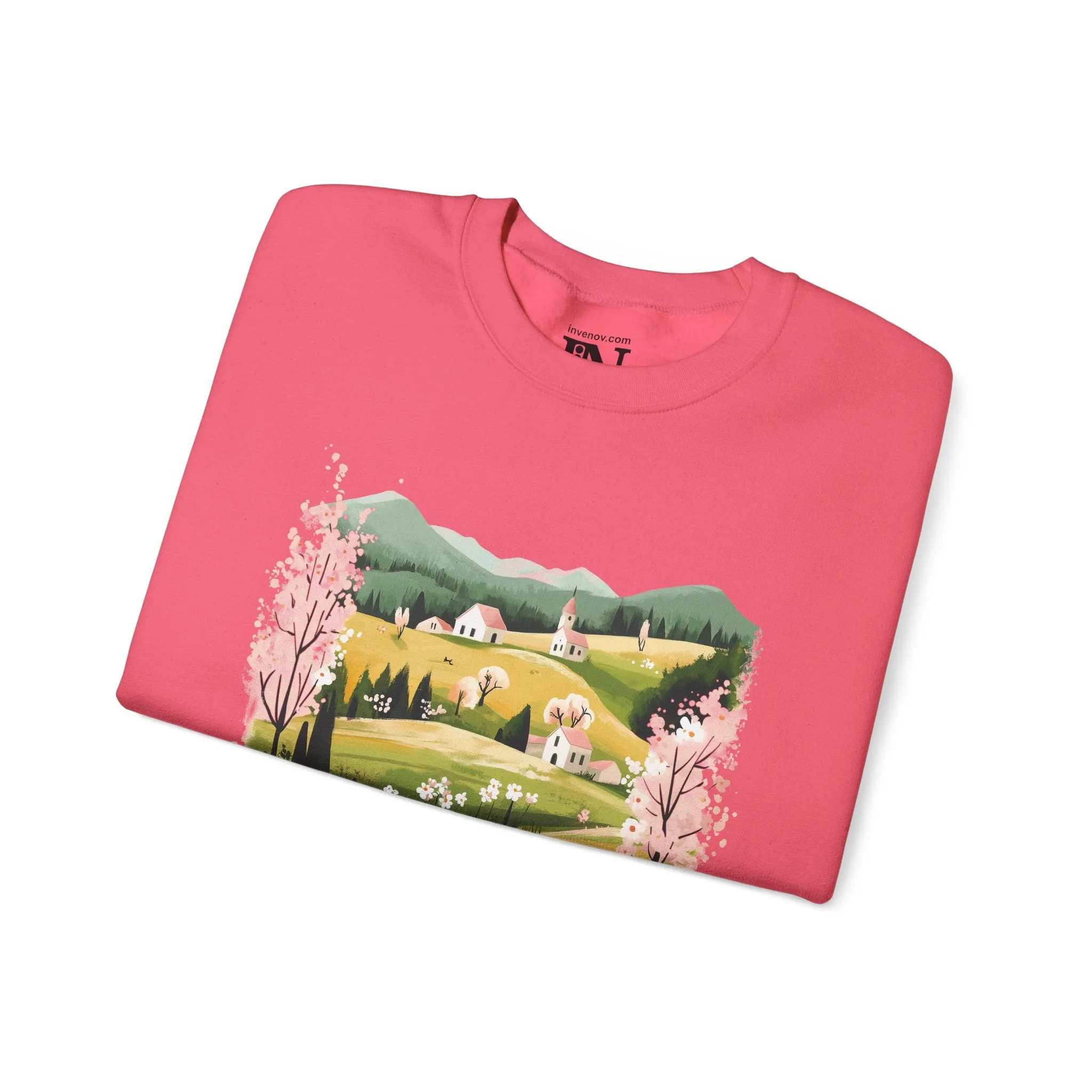 Spring Landscape Crewneck Sweatshirt, Green Hill Cottage Graphic Jumper, Nature Meadow Floral Pullover, Mountain View Pastel Sweater