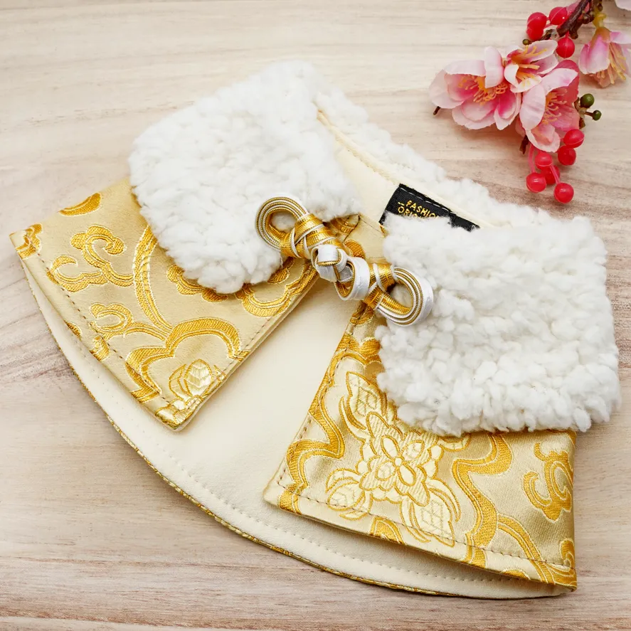 Spring Of Blessings in Harvest Gold CNY Cape with White Faux Fur Collar