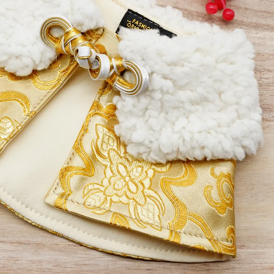 Spring Of Blessings in Harvest Gold CNY Cape with White Faux Fur Collar