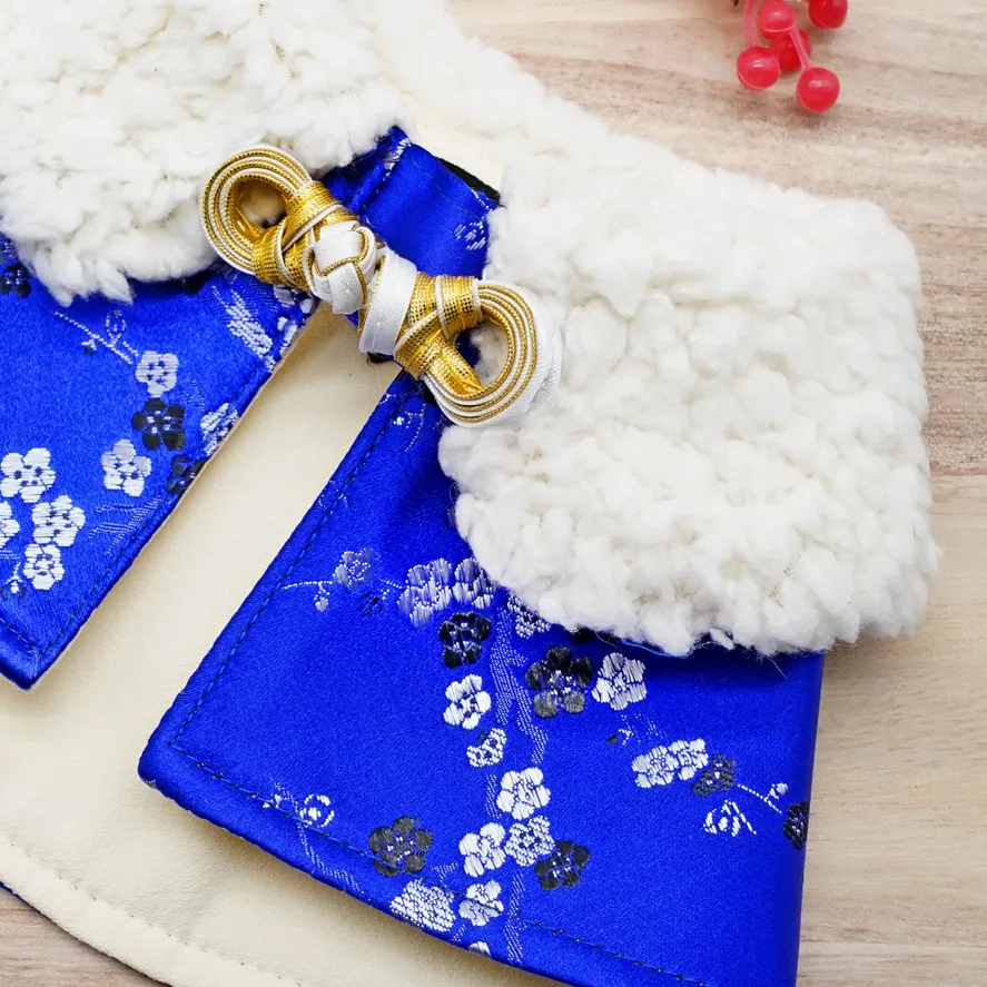 Spring Of Energy in Electric Blue Blossoms CNY Cape with Faux Fur Collar