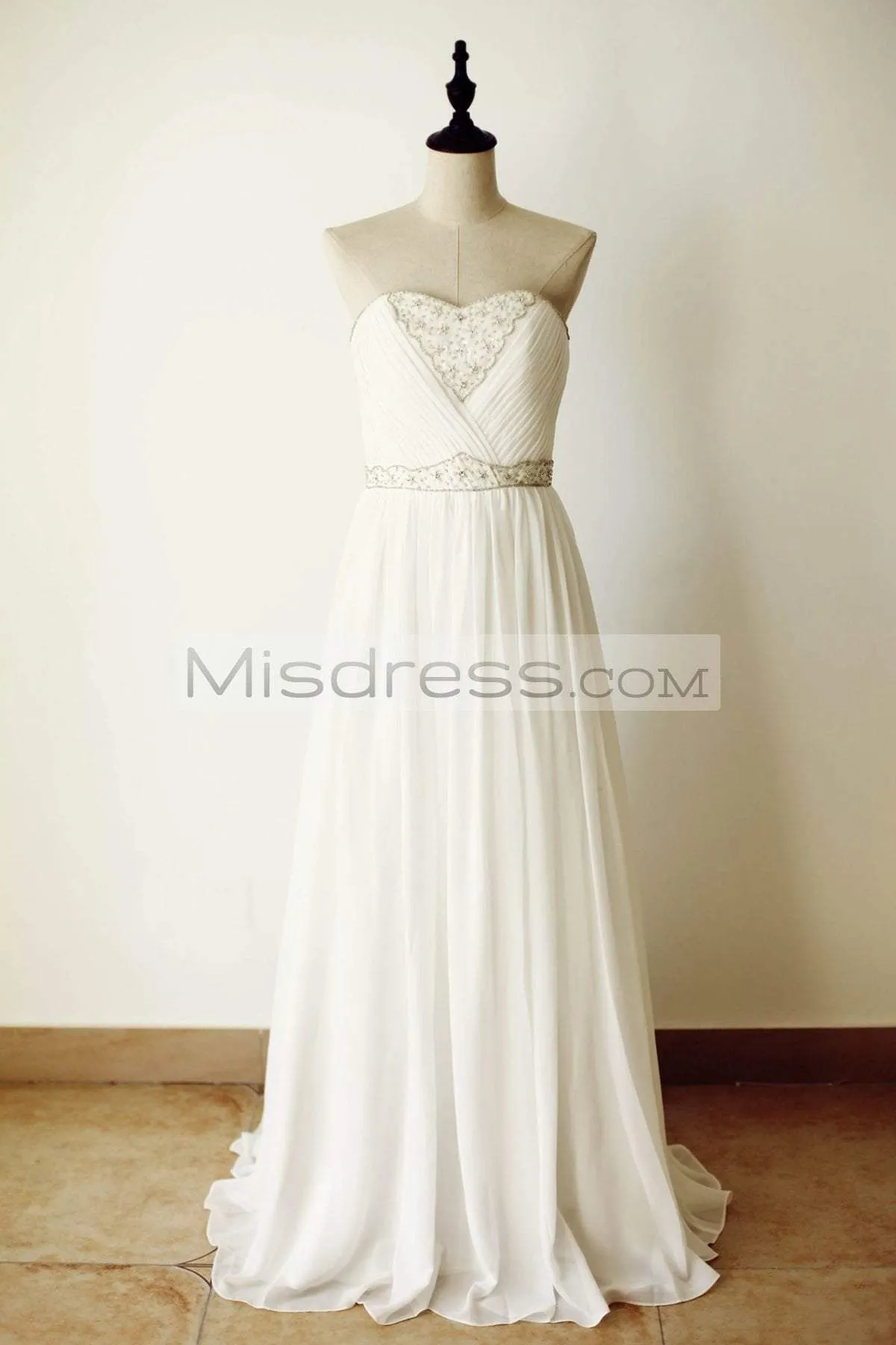 Strapless Sweetheart Ivory Chiffon Beaded Long Bridesmaid Dress