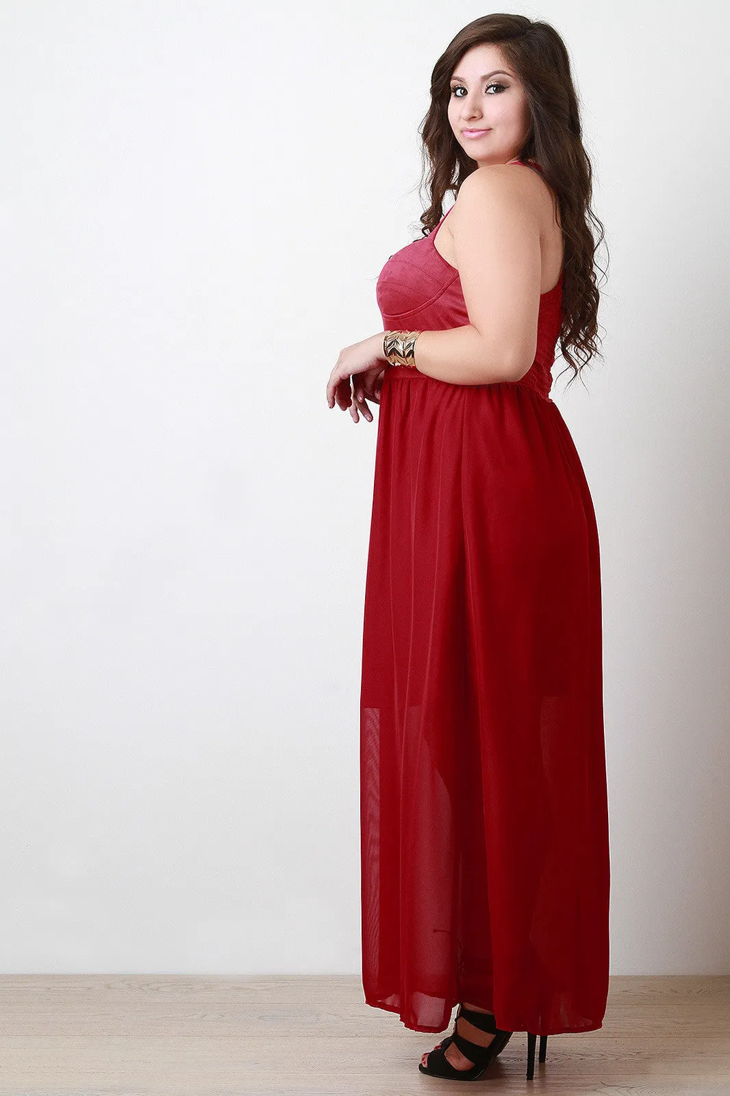 Suede Sweetheart Cross-Back Chiffon Maxi Dress