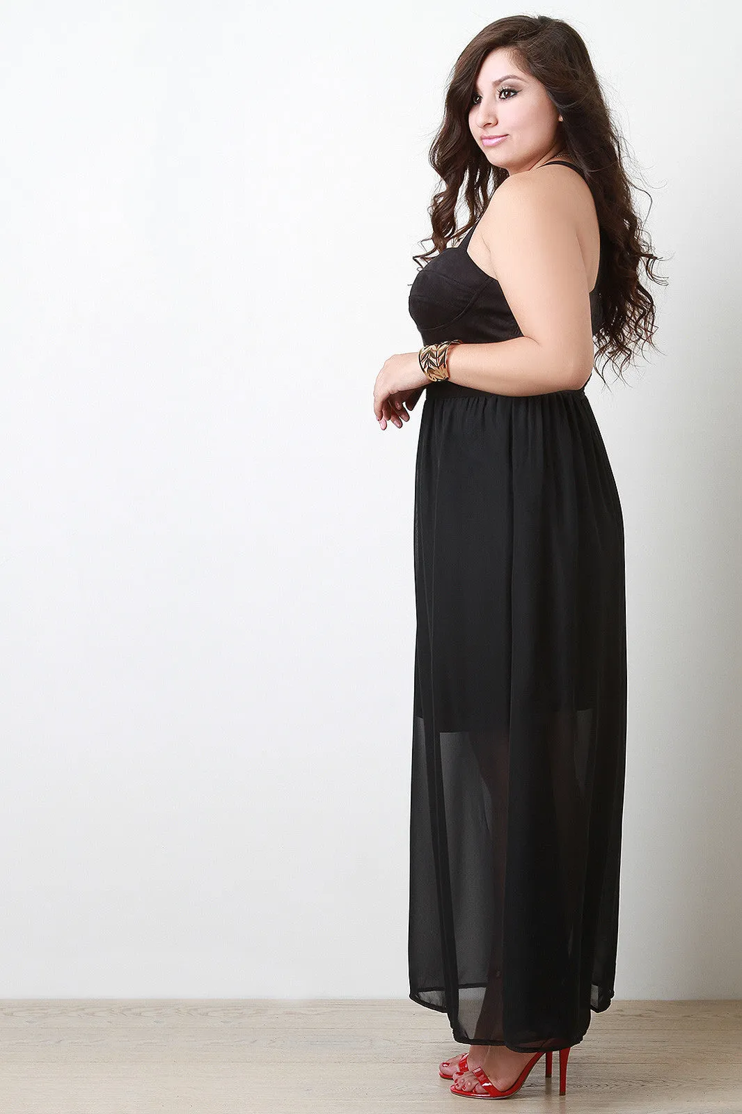 Suede Sweetheart Cross-Back Chiffon Maxi Dress