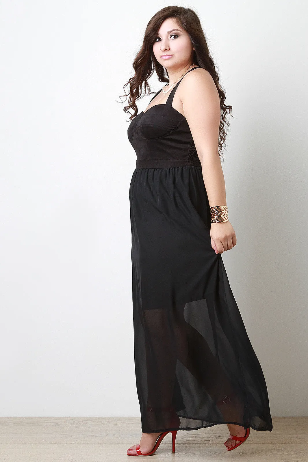 Suede Sweetheart Cross-Back Chiffon Maxi Dress