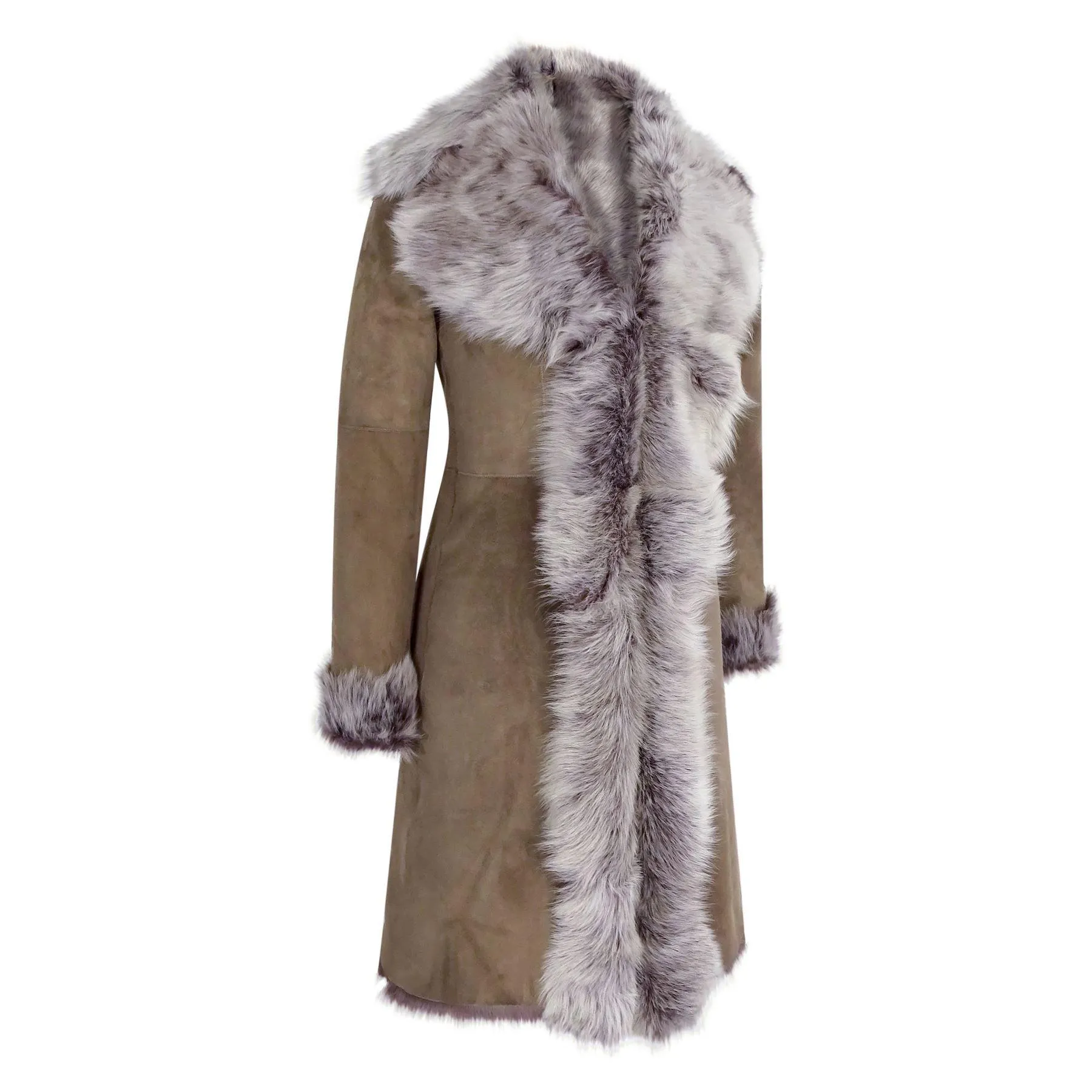 Taupe 3/4 Length Ladies Suede Real Toscana Sheepskin Coat Tailored Fit