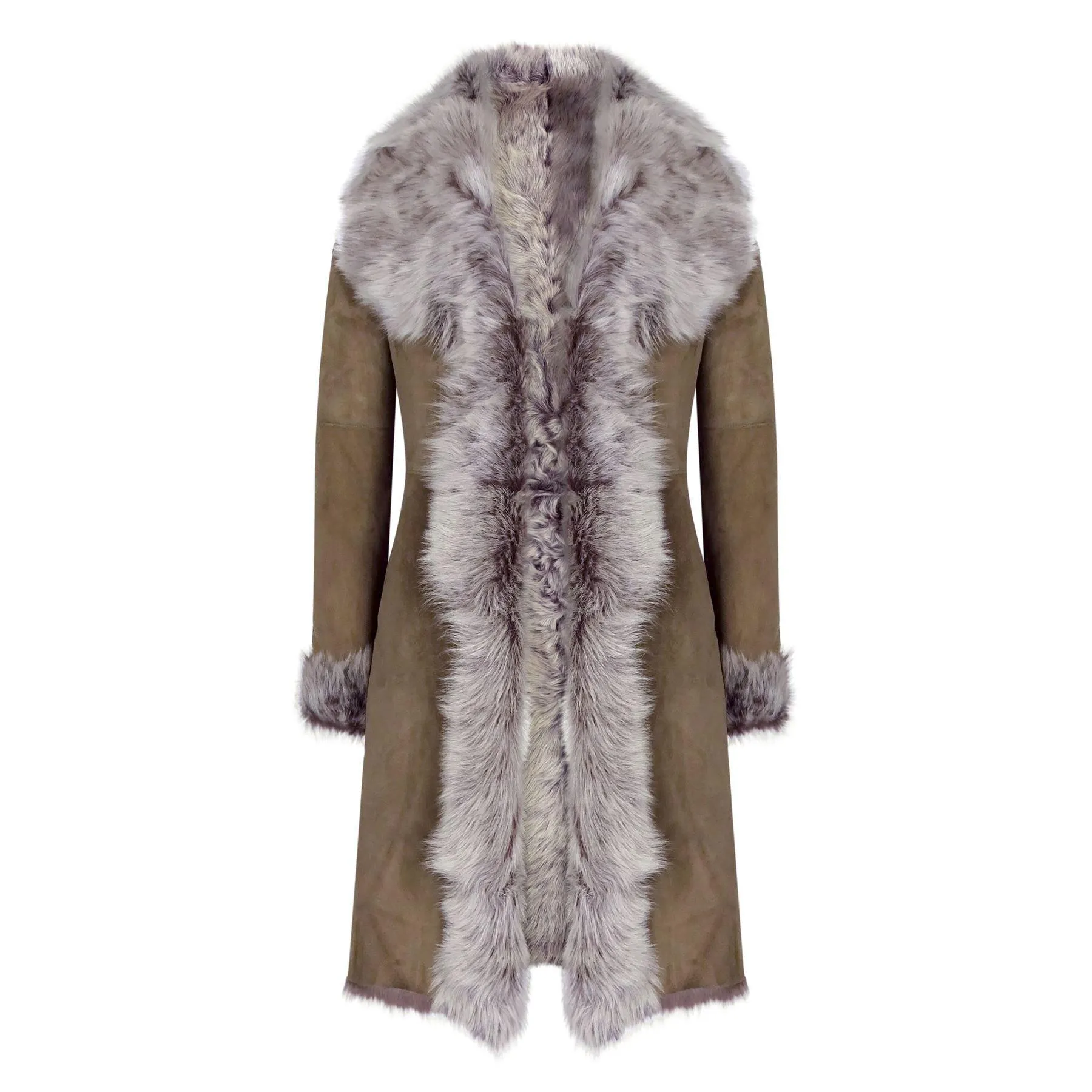 Taupe 3/4 Length Ladies Suede Real Toscana Sheepskin Coat Tailored Fit