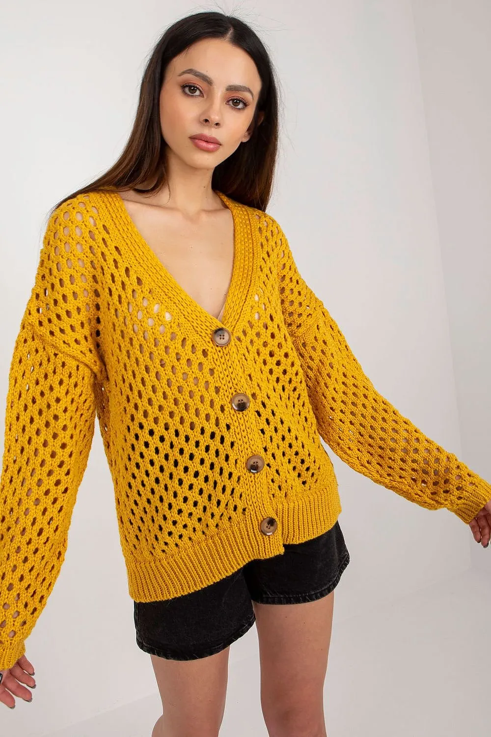 TEEK - Buttoned Openwork V-Neck Cardigan