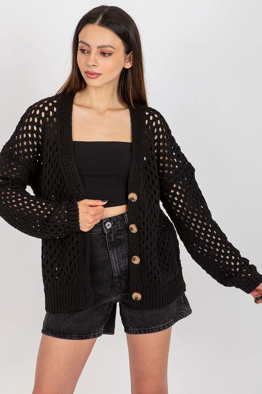 TEEK - Buttoned Openwork V-Neck Cardigan