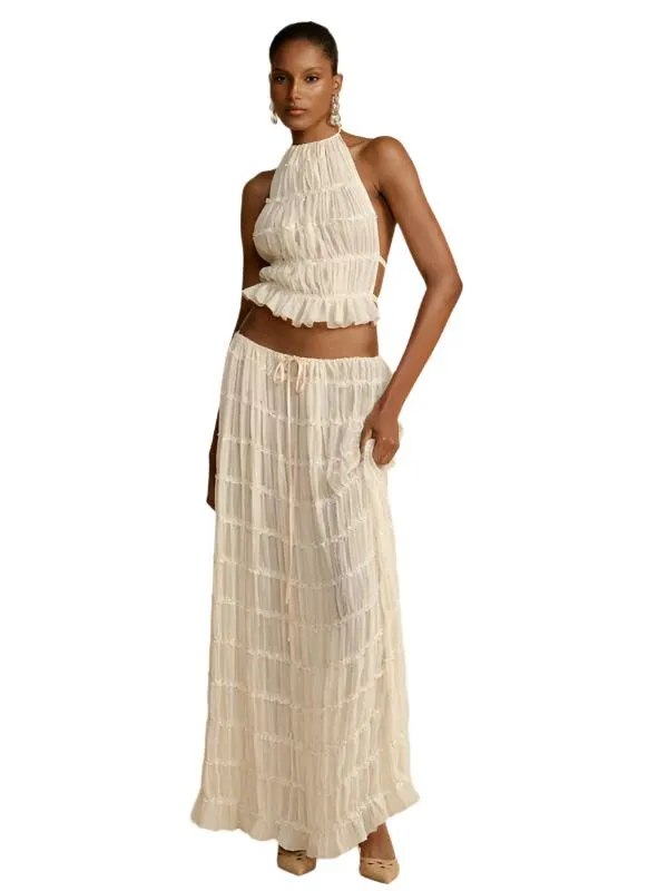 TEEK - White Backless Halter Two-Piece Chiffon Pleated Long Skirt Set