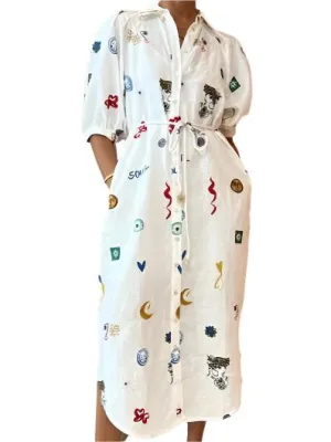 TEEK - White Fashion Shirt Printed Dress