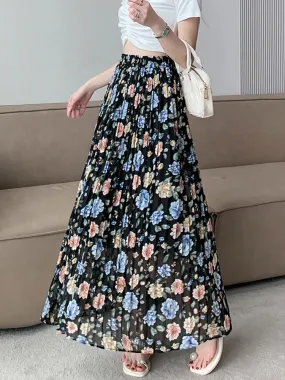 Toleet-TIGENA 90cm Chiffon Maxi Skirt for Women 2024 Spring Summer Boho Beach Floral Print A Line High Waist Pleated Long Skirt Female