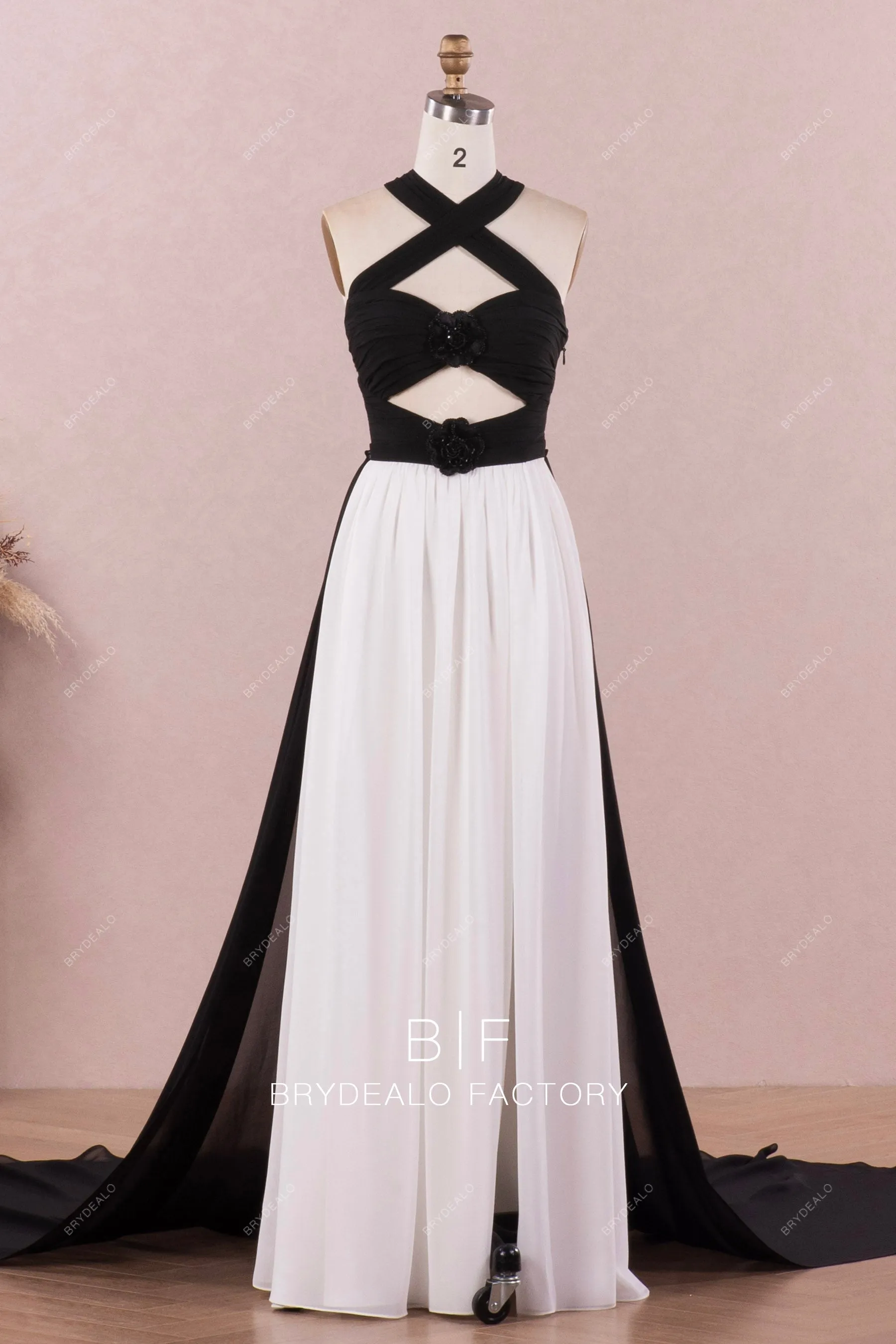 Unique Black White Chiffon Cutout Halter Convertible Dress