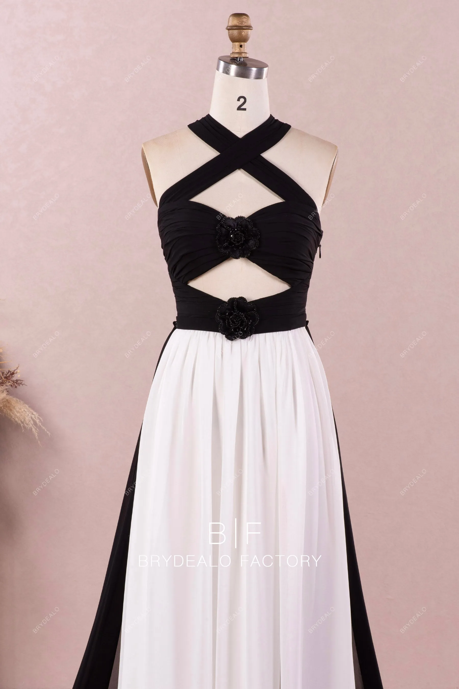 Unique Black White Chiffon Cutout Halter Convertible Dress